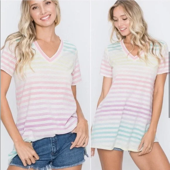 Women’s Casual comfortable colorful striped T-shirt short sleeves - Picture 2 of 5